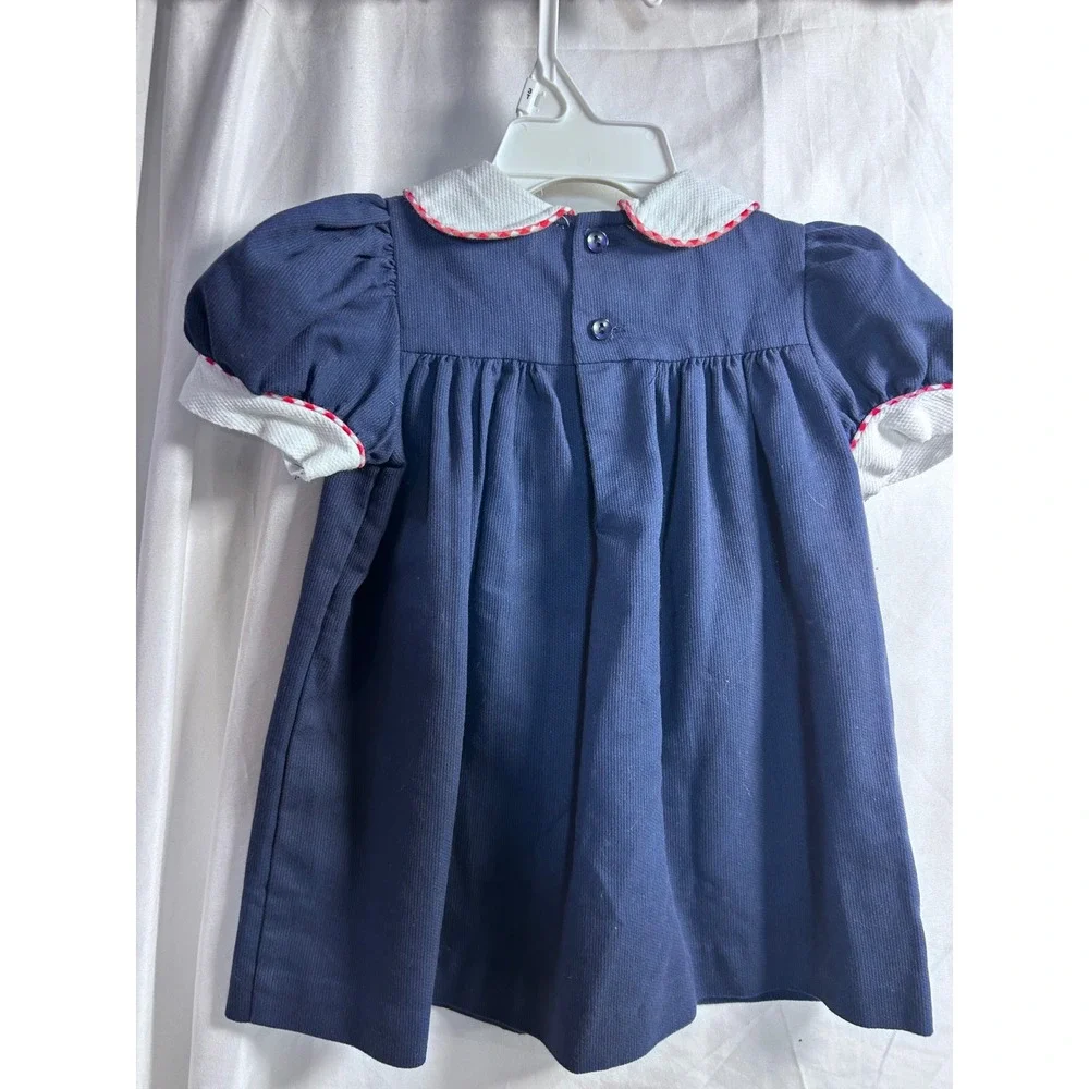 Peaches 'n Cream Corduroy Dress 2T Navy Blue Floral Bow Peter Pan Collar Toddler